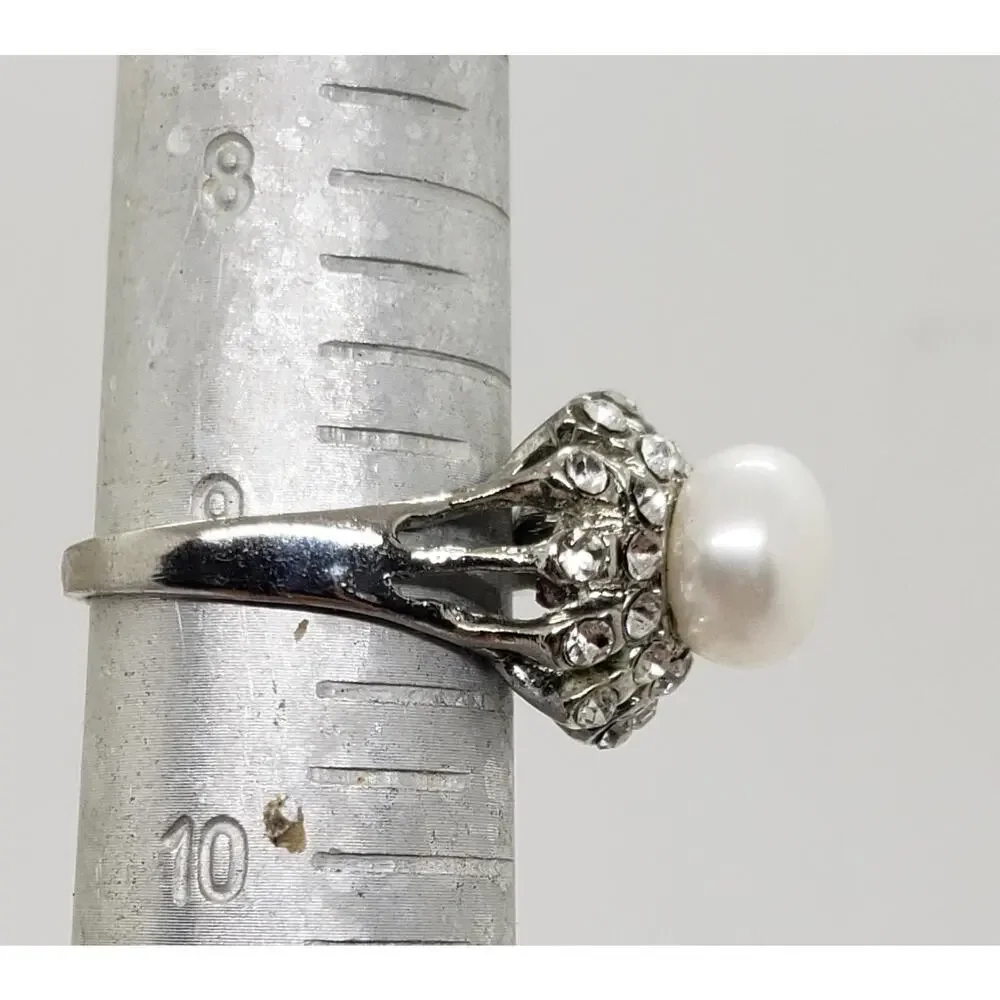 Vintage Big Ring Silver Genuine Pearl & Rhinestone Cluster Cocktail Domed sz 9
